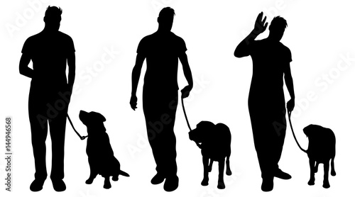 Vector silhouette of man with dog on white background.