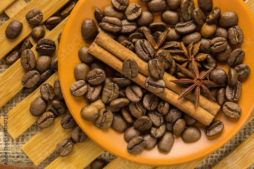 coffee beans, spices and cinnamon star anise