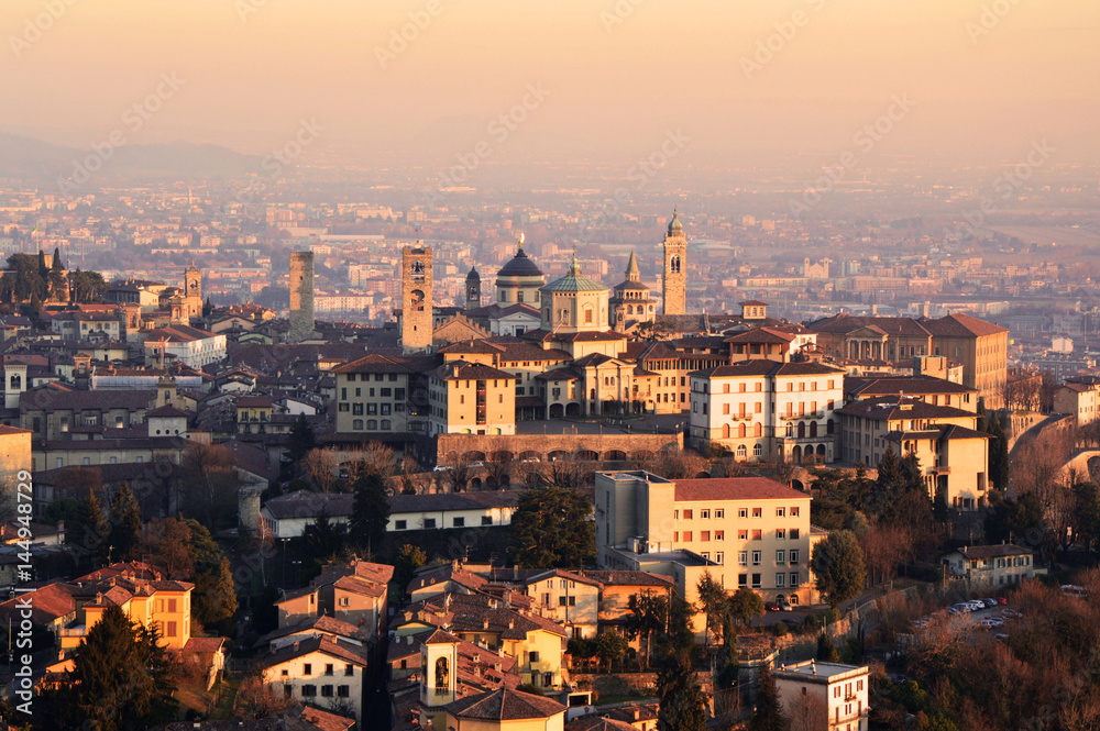 Panorama of Bergamo city at sunset, Italy