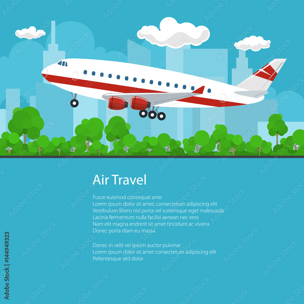 Flyer Air Travel, Airplane on the Background of the City Flies to the West and the Text, Transportation Concept , Brochure Poster Design, Vector Illustration