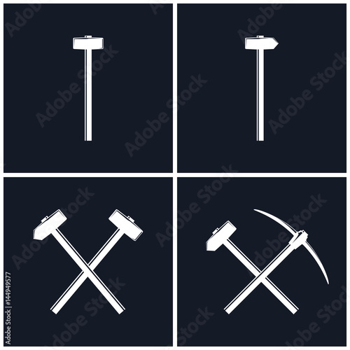 White Tools for Percussion Works Isolated on Black Background, Crossed Hammer and Sledgehammer, Crossed Pickaxe and Sledgehammer, Mining Industry, Black and White Vector Illustration