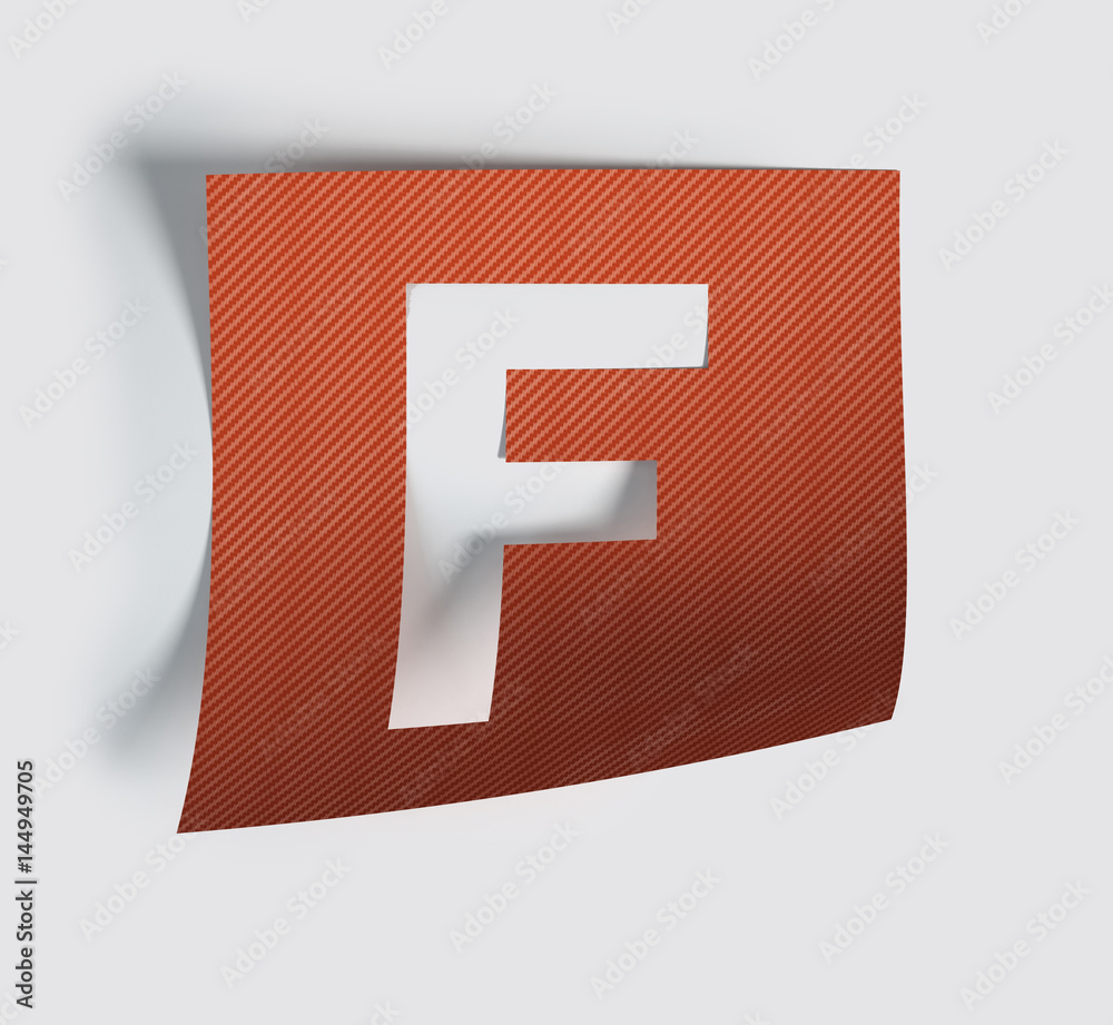 Colorful Bent Sticker Font Made Of Cut Out Glossy Paper. Vibrant Big Letter F. 3d rendering illustration