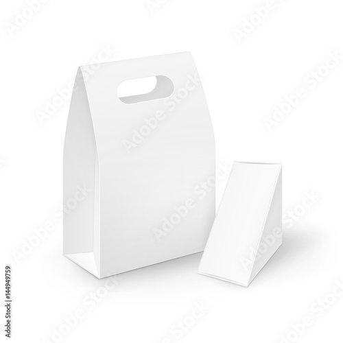Vector Set of White Blank Cardboard Rectangle Triangle Take Away Handle Lunch Boxes Packaging For Sandwich, Food, Gift, Other Products Mock up Close up Isolated on White Background