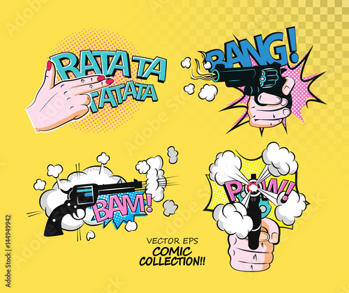 Vector stickers kit in comics style of hand with gun. Woman and man with pistol isolated on background.