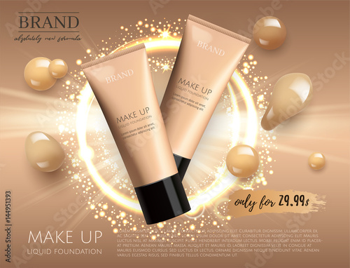 Modern VIP cosmetic ads, make up liquid foundation for sale. Elegant beige and gold color face cream tube with drops of cream isolated on glitter sparkle background , gloss effect. 3D realistic vector