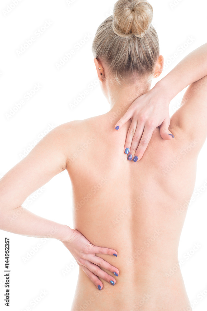 Nude Woman with pain in her back. Isolated on white Nude Woman with pain in her back. Isolated on white