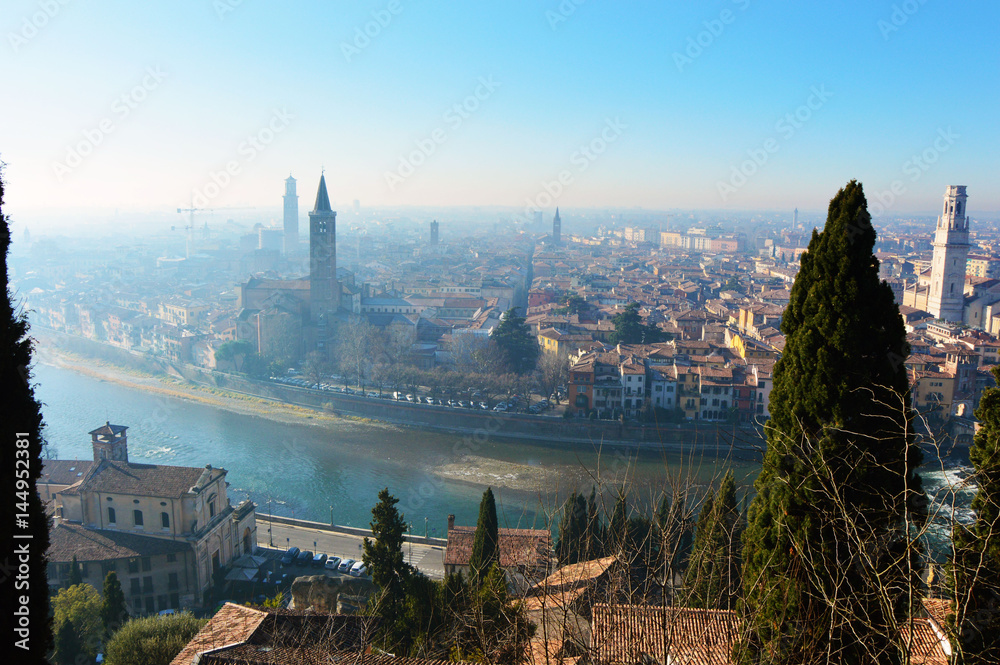Verona amazing viewpoint on city and river, Panorama Italy 