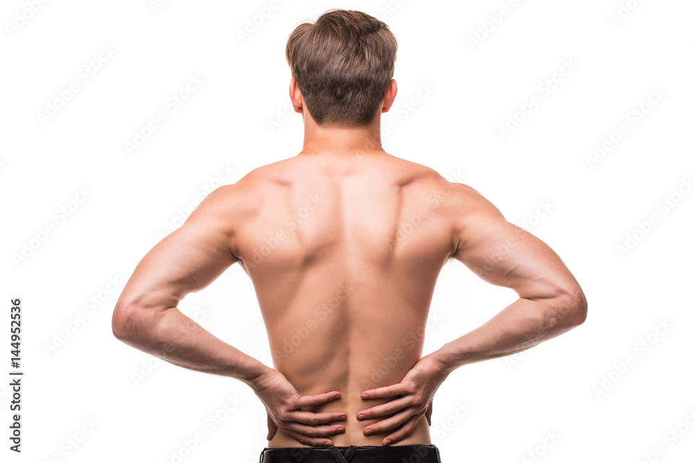 Close up of man rubbing his painful back on white background