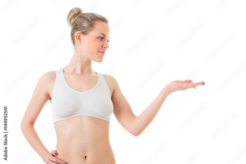 Beauty sporty woman with perfect face Portrait. Girl showing empty copy space on the open hand palm for text. Proposing a product. Isolated on white background Beauty sporty woman with perfect face Portrait. Girl showing empty copy space on the open hand palm for text. Proposing a product. Isolated on white background