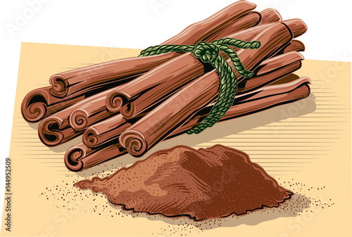 Spare tied cinnamon, and cinnamon powder.