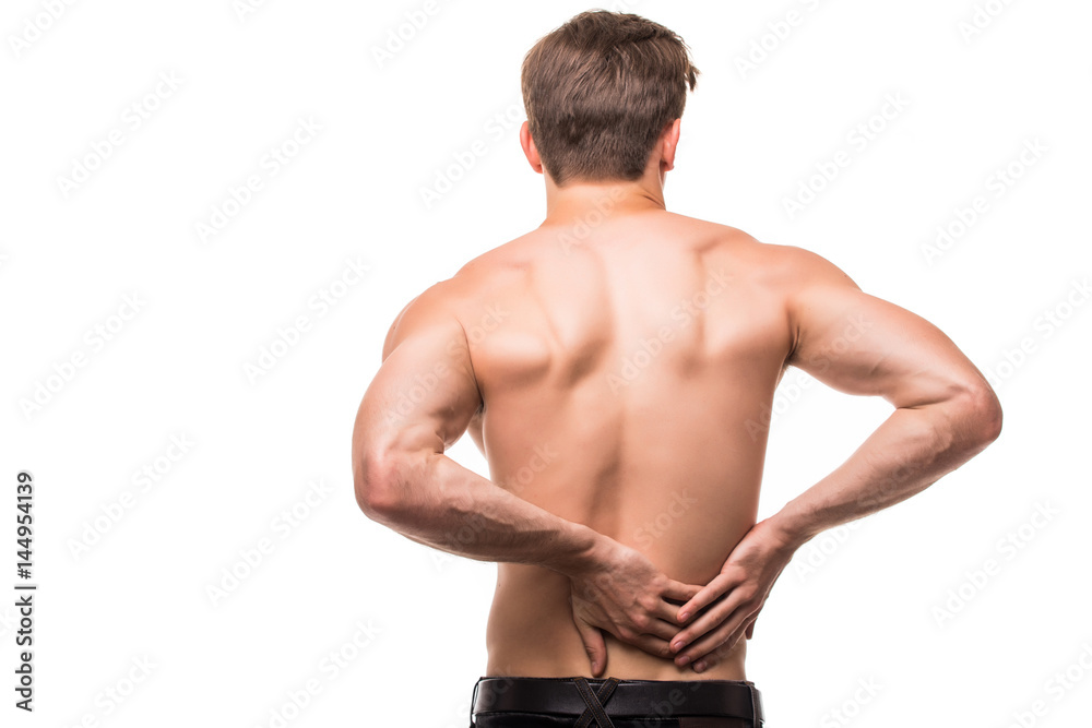 young man with back pain in back on white background