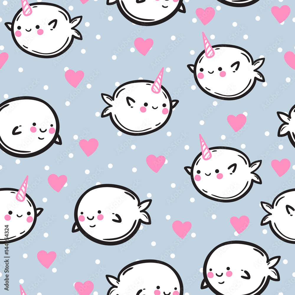 Funny vector seamless pattern with unicorn fish. Cute whales and narwhals in hearts. Children's drawing.