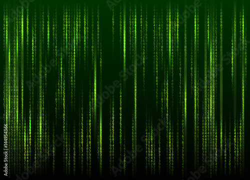 Stream of binary code on screen. Abstract vector background. Data and technology, decryption and encryption, computer matrix background with the green symbols and numbers. Vector illustration. EPS 10