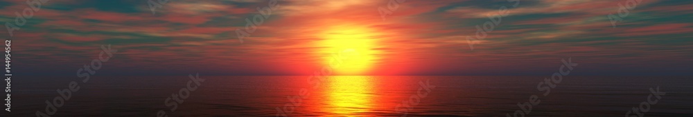 Beautiful ocean sunset, panorama of sea sunset, sun above water, 3d rendering
