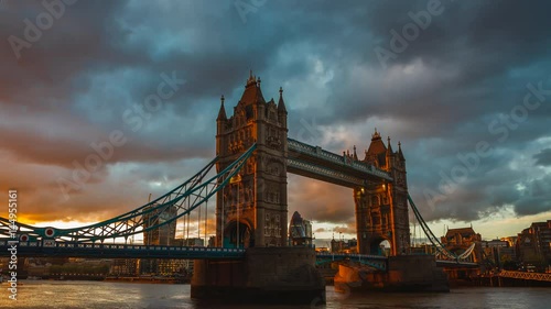 Tower Bridge in London, Day to Night time-lapse with wide angle lens. 
The bridge opens, bridge lift times.