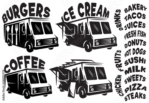 Set of vector mobile shop, vans, food trucks with various inscriptions