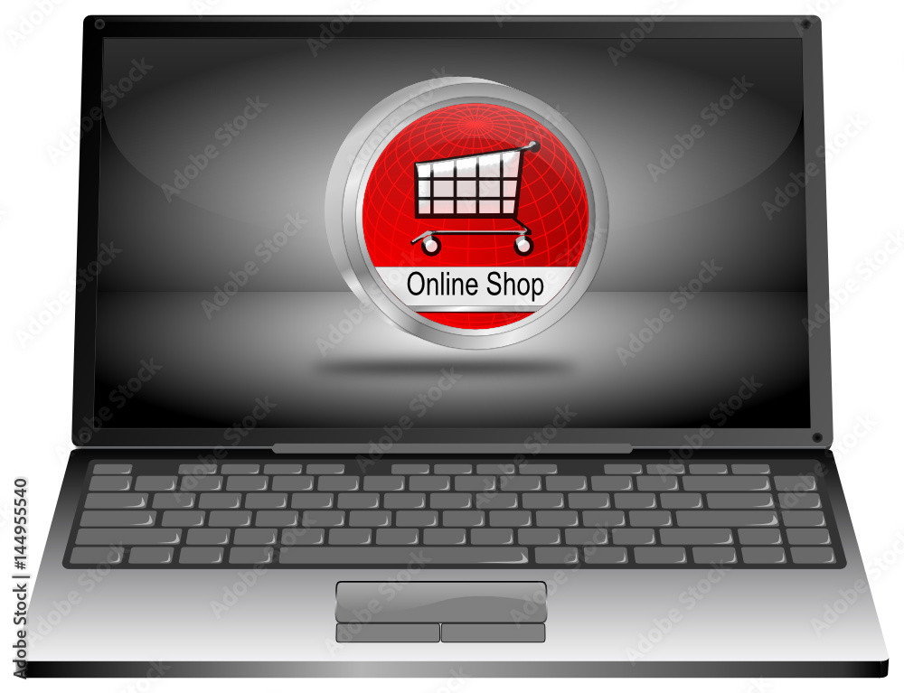 Laptop Computer with online Shop Button - 3D illustration Laptop Computer with online Shop Button - 3D illustration