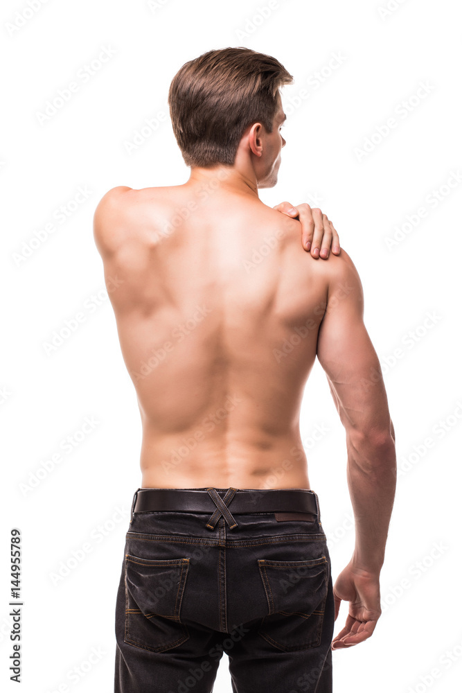 sport man with pain in the neck on white background