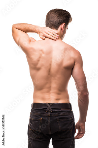 Obraz na plátně sport man with pain in the neck on grey background