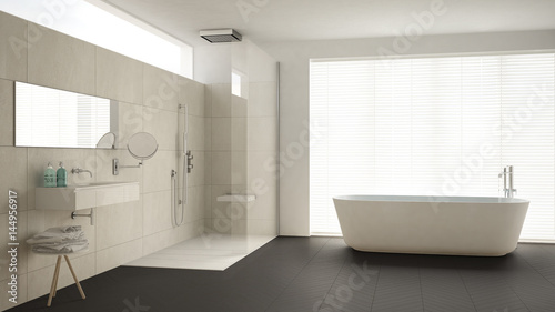 Minimalist bathroom with bathtub and shower  parquet floor and marble tiles  classic white and gray interior design