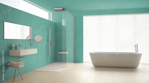 Minimalist bathroom with bathtub and shower, parquet floor and marble tiles, classic white and turquoise interior design