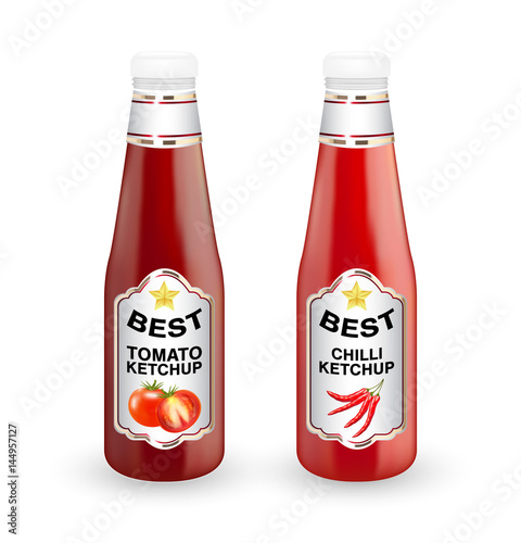 real tomato and chilli ketchup bottle on a white background