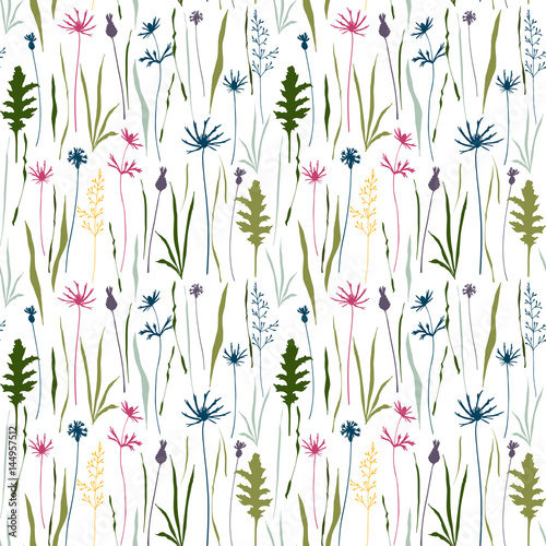Floral vector seamless pattern with wild flowers, herbs and grasses.Thin deli...