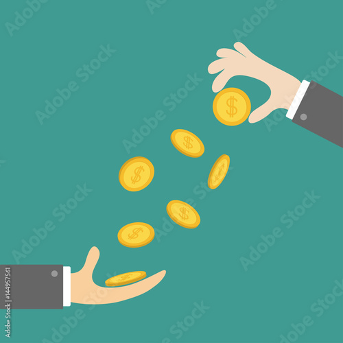 Giving taking Hands with falling down golden coin money dollar sign. Helping hand concept. Business support credit icon set. Flat design style. Green background.