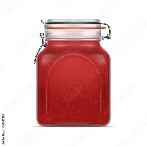 Vector Bale Square Glass Jar with Swing Top Lid filled with berry jam isolated over the white background.
