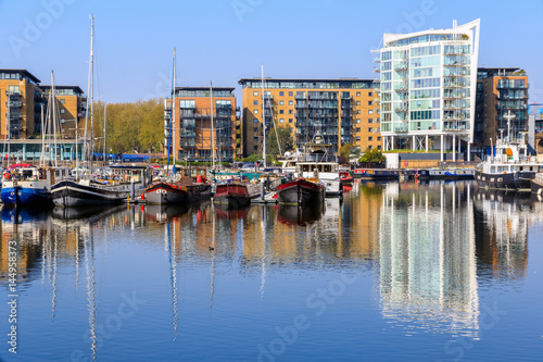 Boats moored at Limehouse Basin Marina in London