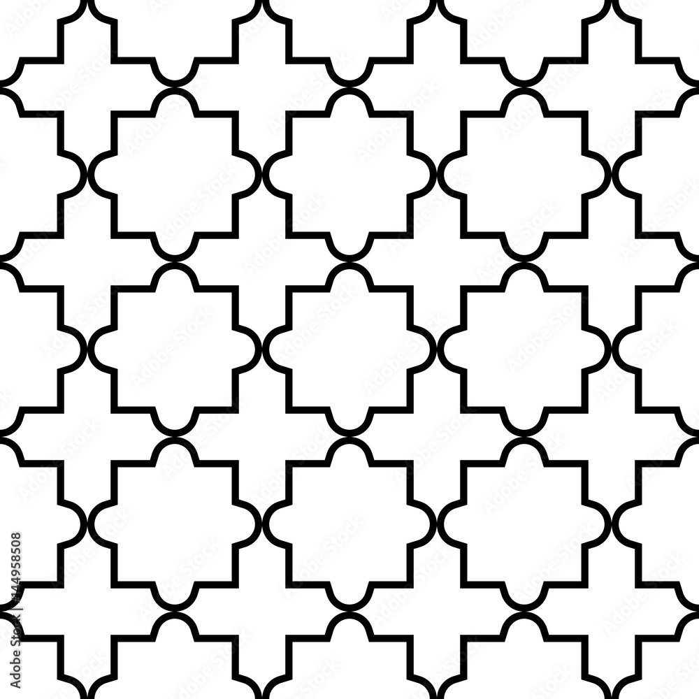 Geometric seamless pattern, Moroccan tiles design, black and white background