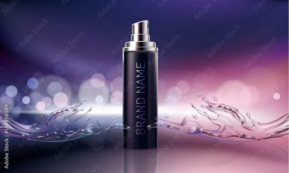 Vector 3D illustration for the promotion of cosmetic moisturizing and nourishing premium product. Matt black bottle with the open cap on a dark background with water splash