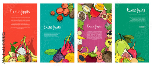 Flyer collection with exotic tropical fruits. Vertical backgrounds with place for text.