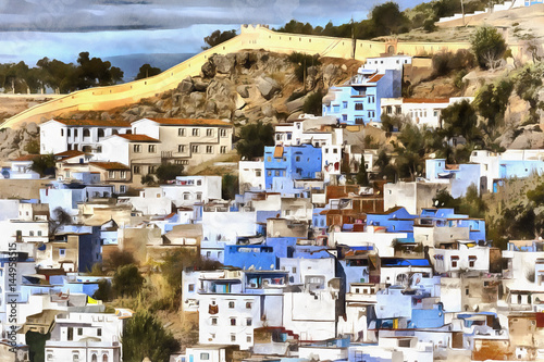 Colorful painting of old town of Chefchaouen Morocco