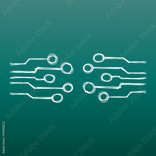 Hand drawn circuit board icon. Doodle scetch technology scheme symbol flat vector on green background.