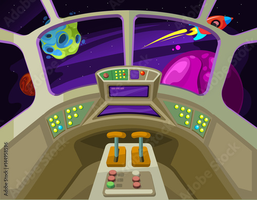Cartoon spaceship cabin interior with windows into space with alien planets vector illustration