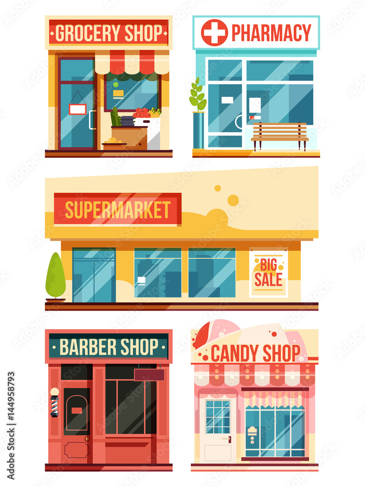 Fast food restaurant and boutiques. Vector set isolate on white background Fast food restaurant and boutiques. Vector set isolate on white background