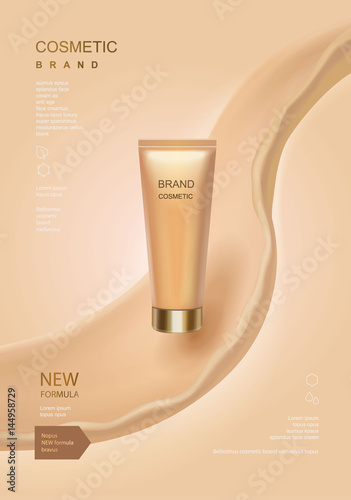 Cosmetic ads template, toner or lotion tube with fluid elements isolated on skin color background.
