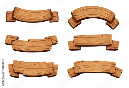 Cartoon brown wooden plate and ribbons. Vector set isolate on white background
