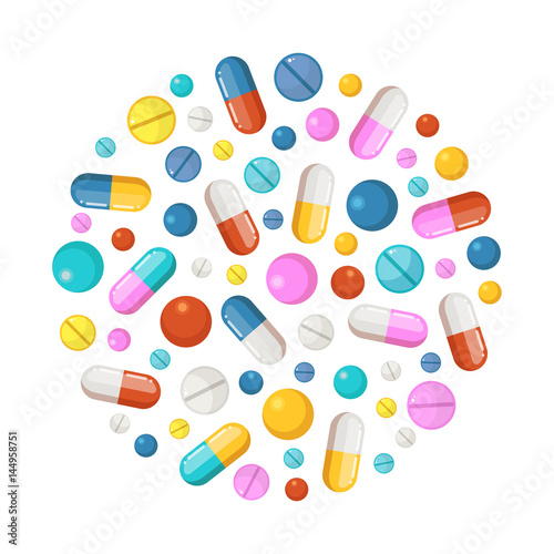 Healthy elements in circle shape background. Vector icons of drugs, long tablets and round pills