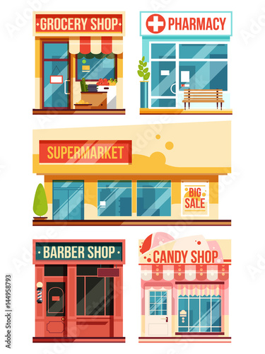 Fast food restaurant and boutiques. Vector set isolate on white background