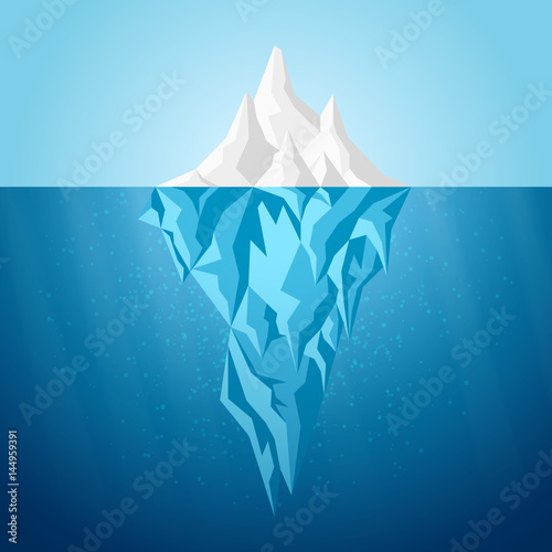White iceberg in blue ocean vector illustration. Underwater infographics design template background.