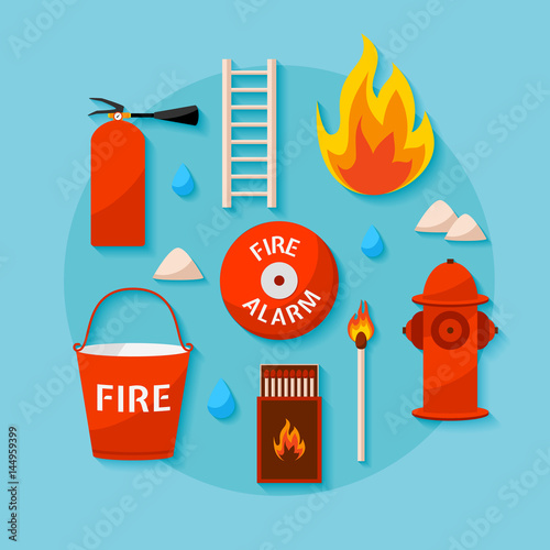 Fire department service flat design icon set. Fire extinguisher, bucket, hydrant and other infographic elements.