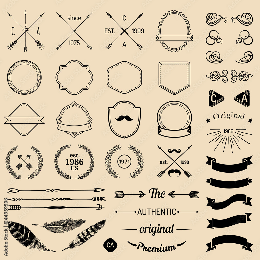 Vintage hipster logo elements with arrows,ribbons,feathers ...