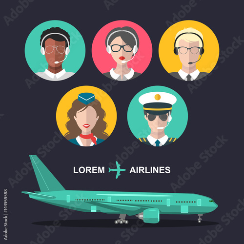 Vector set of airplane and cabin crew and airport team icons in flat style. Aviation male, female avatars illustrations