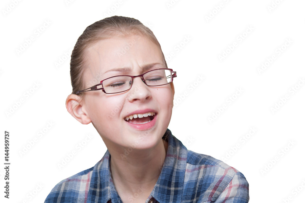 teenage girl with a funny expression on his face an white background