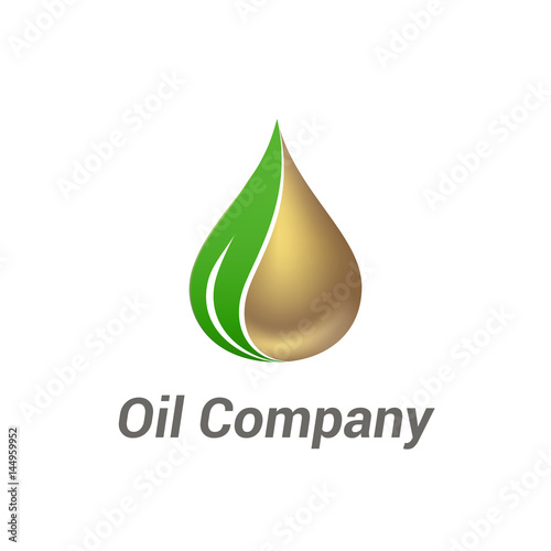Vector logo template for oil company. Industrial  design. Illustration of gold oil drop with leaf.
