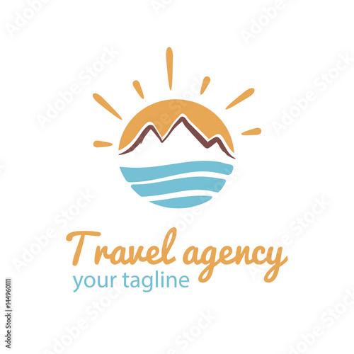 Travel logo. Vector logotype template for tour agency. Illustration of Sun, sea and mountains. EPS10. Tourist icon.