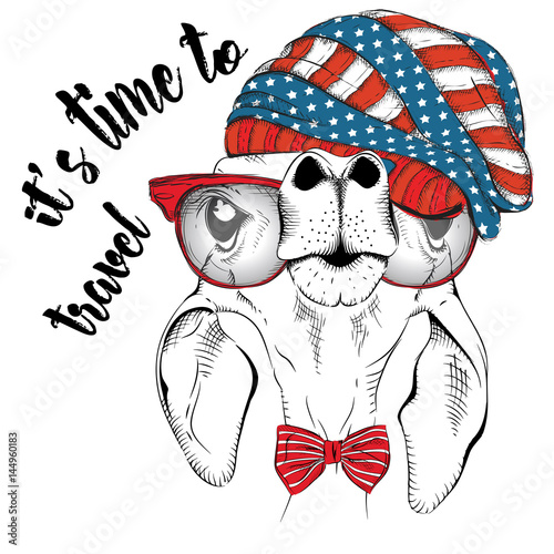 Hand funny roe deer in a USA hat. Vector illustration