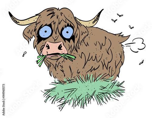 Cartoon image of hairy cow farting. An artistic freehand picture.